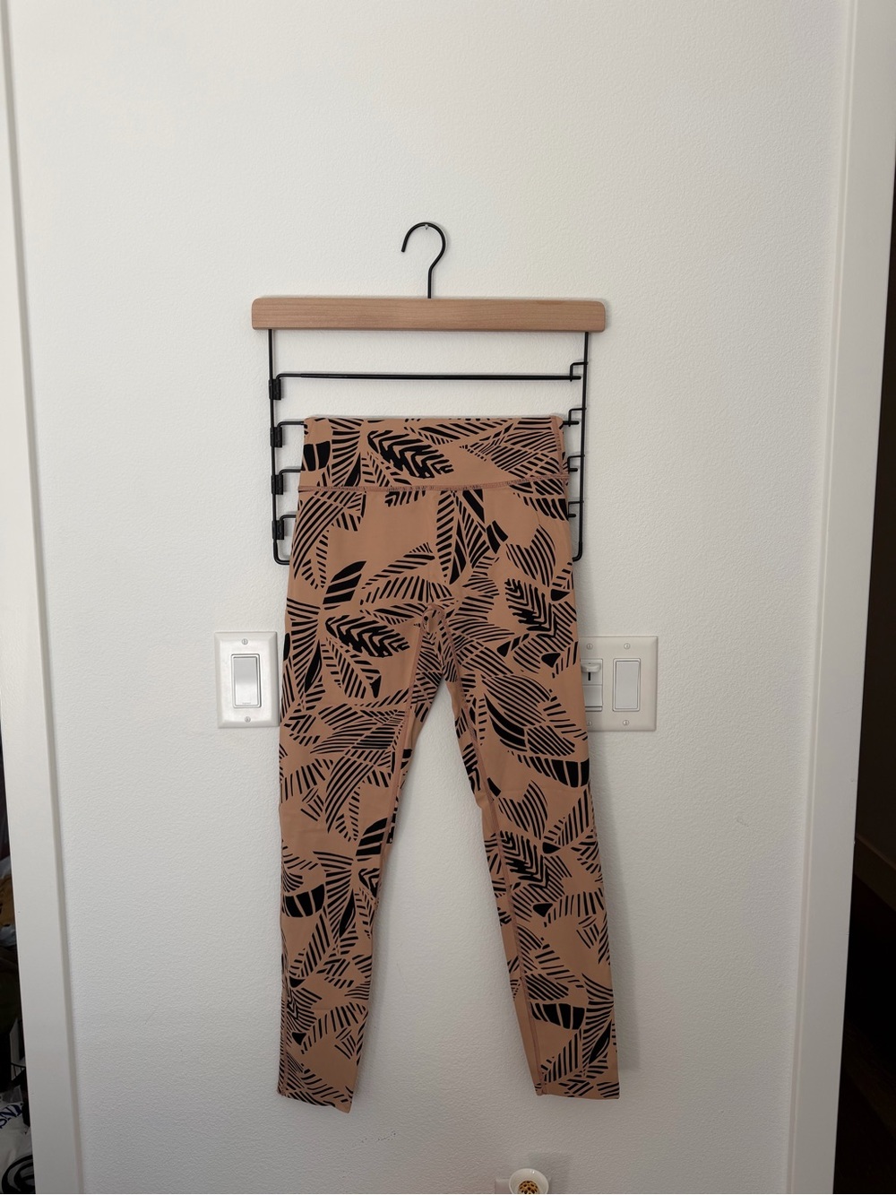 aerie Tan Leggings with Black Leaf Print